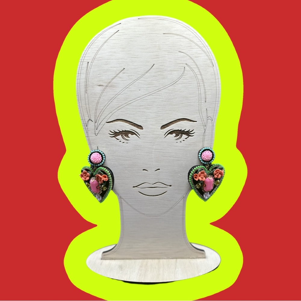 Couture Earrings - The Pink Spot - Heart Earrings with Pink and Green Accents